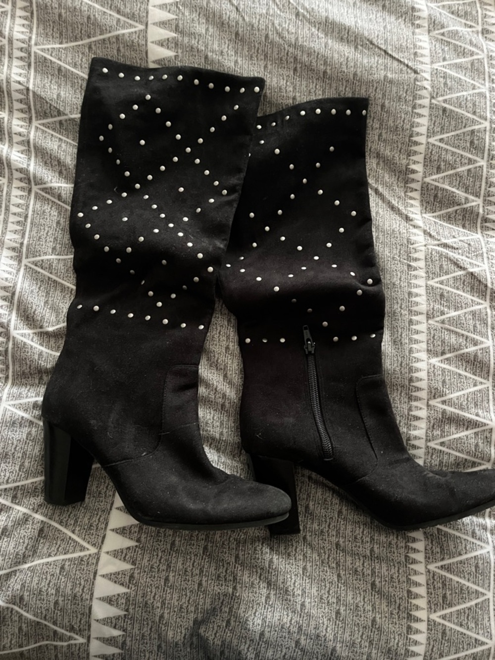 Black Mid-Calf Heeled Boots with Silver Stud Detailing